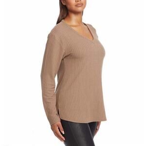 Chaser Brown V-neck Textured Waffle Knit Long Sleeve Top Women's Small